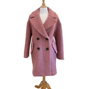Topshop Pink Wool Blend Alicia Boucle Slouch Coat, Oversized, PeaCoat, Size S
